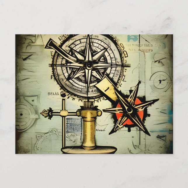 Vintage Navigation Map, Sextant and Compass Sketch Postcard (Front)