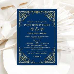  Vintage Navy and Gold Art Deco Wedding Invitation