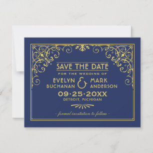 Vintage Navy and Gold Art Deco Wedding Save The Date