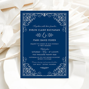 Vintage Navy and Silver Art Deco Wedding Invitation