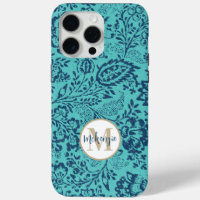Vintage Navy Aqua Yellow Damask Personalize iPhone