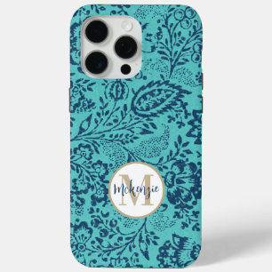 Vintage Navy Aqua Yellow Damask Personalize iPhone iPhone 15 Pro Max Case