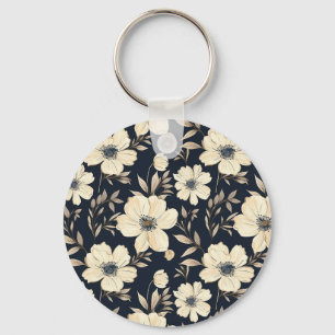 Vintage Navy Blue And Cream White Floral Garden El Keychain