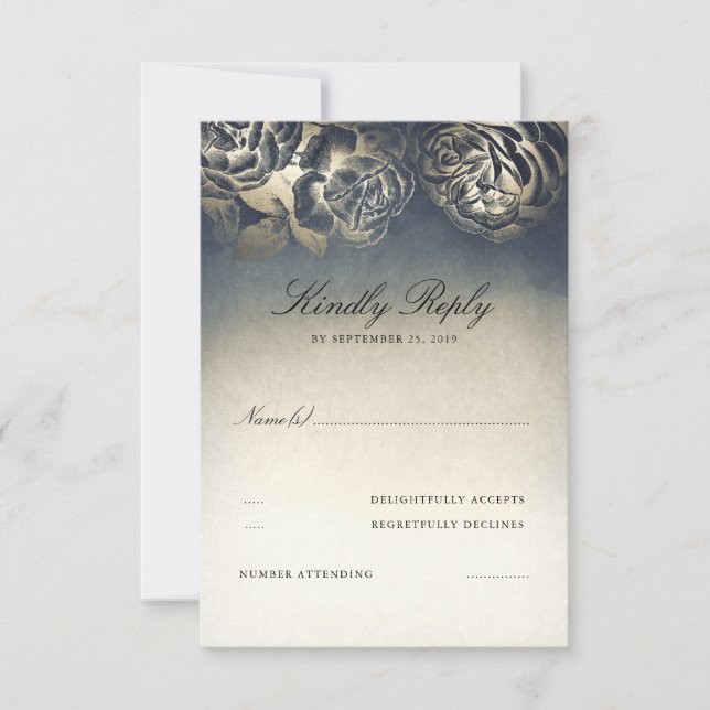 Vintage Navy Blue and Gold RSVP Card (Front)