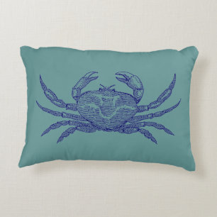 Vintage Navy Blue and Ocean Green Sea Crab Accent Pillow