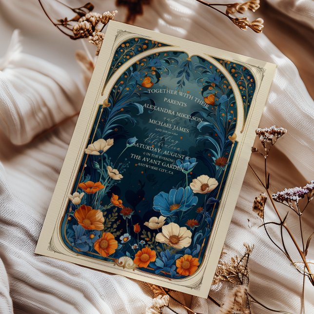 Vintage Navy Blue Art Nouveau Wedding Invitation (Creator Uploaded)