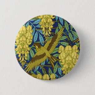 Vintage Navy Blue Bird & Yellow Floral Pattern 2 Inch Round Button