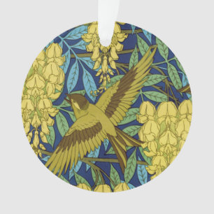 Vintage Navy Blue Bird & Yellow Floral Pattern Ornament