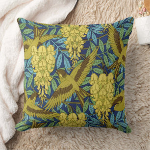 Vintage Navy Blue Bird & Yellow Floral Pattern Throw Pillow