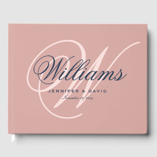 Vintage Navy Blue Blush Script Monogram Wedding Guest Book