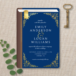 Vintage Navy Blue Book Cover Gold Floral Wedding Invitation