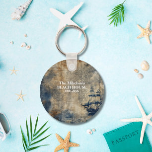 Vintage Navy Blue Custom Nautical Beach House Keychain