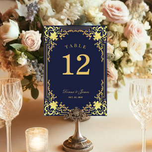 Vintage Navy Blue Faux Gold Elegant Script Wedding Table Number