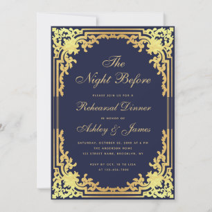 Vintage Navy Blue Faux Gold Rehearsal Dinner Invitation