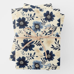 Vintage Navy Blue Floral Cottagecore Aesthetic Wrapping Paper Sheet