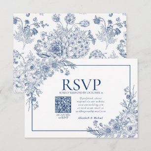 Vintage Navy Blue Floral Line Art QR Code RSVP Card