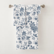 Vintage Navy Blue Floral Toile-De-Jouy Pattern 