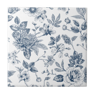 Vintage Navy Blue Floral Toile-De-Jouy Pattern Tile