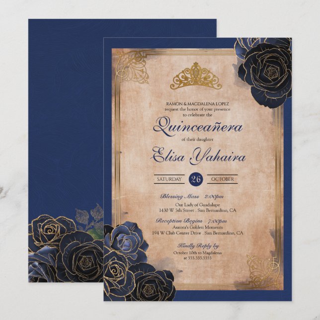 Vintage Navy Blue Gold Roses Royal Quinceanera Invitation (Front/Back)