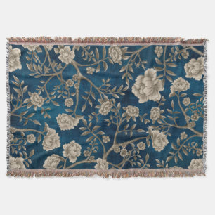 Vintage Navy Blue Sepia Chinoiserie Greenery Throw Blanket