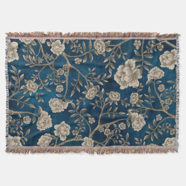 Vintage Navy Blue Sepia Chinoiserie Greenery Throw Blanket (Front)