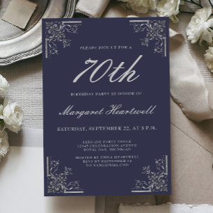 Vintage Navy Blue Silver 70th Birthday Invitation