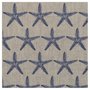 Vintage Navy Blue Starfish Monogram Coastal Linen Fabric