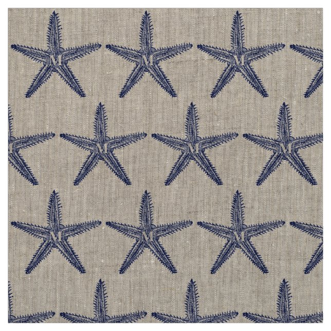 Vintage Navy Blue Starfish Monogram Coastal Linen Fabric (Swatch)