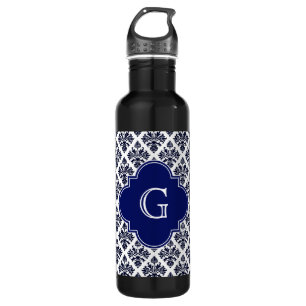 Vintage Navy Blue White Damask #3 Monogram 710 Ml Water Bottle