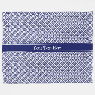 Vintage Navy Blue Wht Damask #3 Navy Name Monogram Fleece Blanket