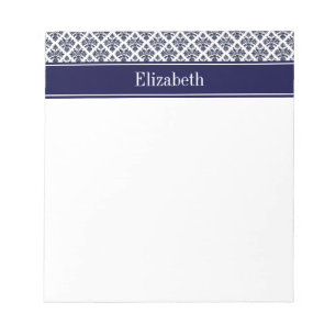 Vintage Navy Blue Wht Damask #3 Navy Name Monogram Notepad