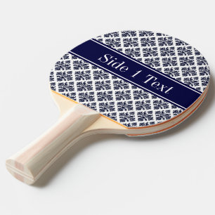 Vintage Navy Blue Wht Damask #3 Navy Name Monogram Ping Pong Paddle