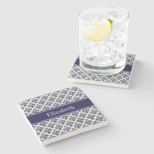 Vintage Navy Blue Wht Damask #3 Navy Name Monogram Stone Coaster