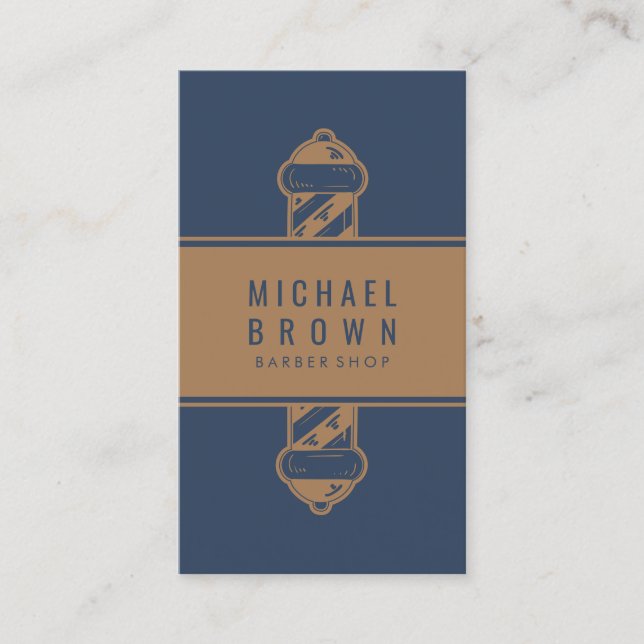 Vintage Navy Brown Barber Pole Illustration Business Card (Front)