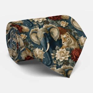 Vintage Navy Crimson Chintz Elephant and Tiger Tie