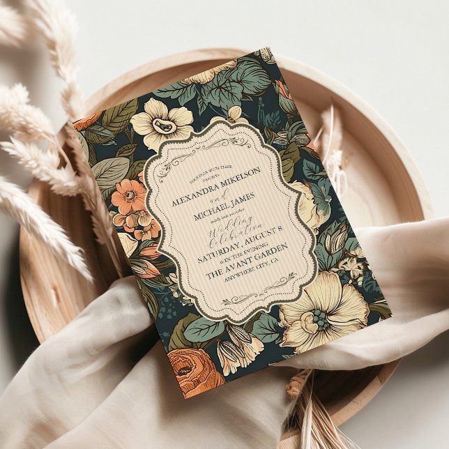 Vintage Navy Fall Flowers Wedding Invitation (Creator Uploaded)