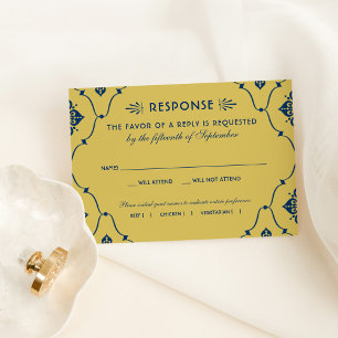 Vintage Navy Gold Art Deco Wedding RSVP Card