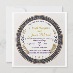 Vintage Navy & Gold Filigree American Flag Wedding Invitation