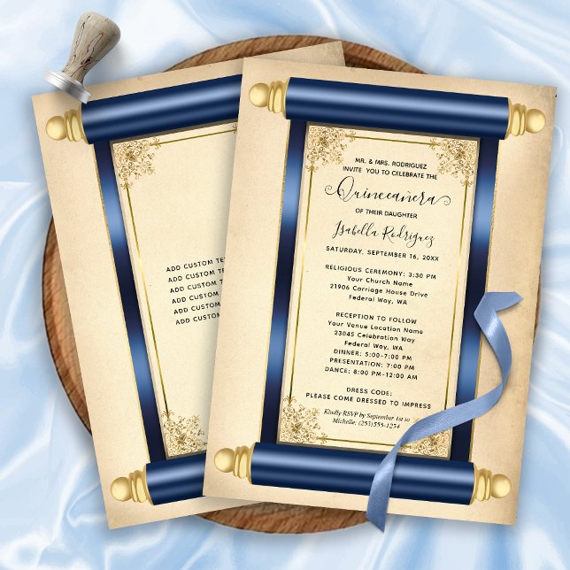 Vintage Navy Gold Scroll Elegant Quinceañera Invitation (Vintage Navy Gold Scroll Elegant Quinceañera Invitation)