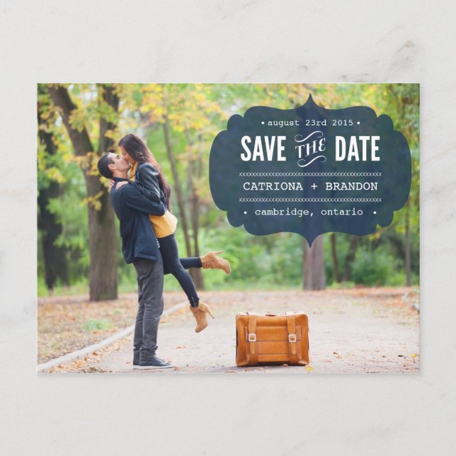 Vintage Navy Label Photo Save the Date Postcard (Front)