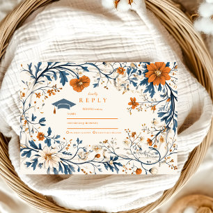Vintage Navy Orange Floral Graduation RSVP Card