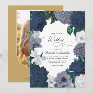 Vintage Navy, Storm Gray & Porcelain White Wedding Invitation
