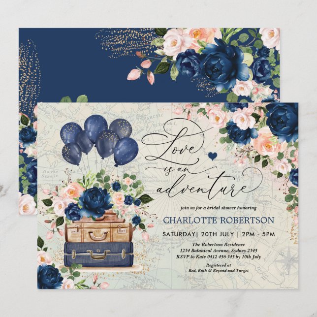 Vintage Navy Travel Bridal Shower Adventure Invitation (Front/Back)