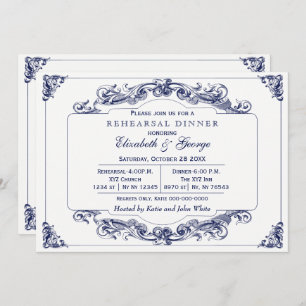 Vintage Navy White Elegant Rehearsal Dinner Invitation