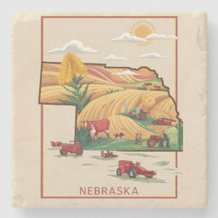 Vintage Nebraska Heartland Farm Scene Stone Coaster