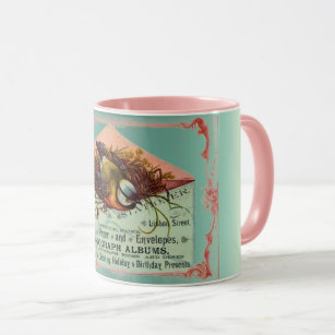 Vintage nesting bird mug paper com teal pink