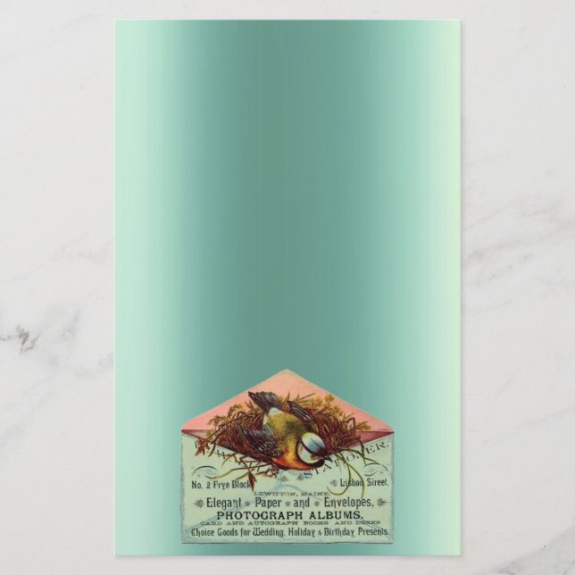 Vintage nesting bird teal peach brown stationery (Front)