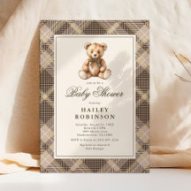 Vintage Neutral Plaid Teddy Bear Baby Shower