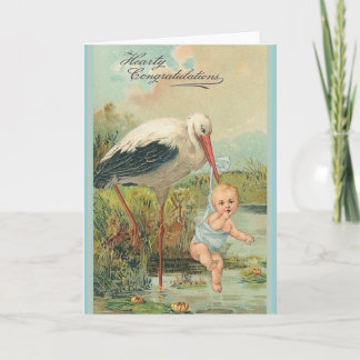Vintage New Baby And Stork Greeting Card