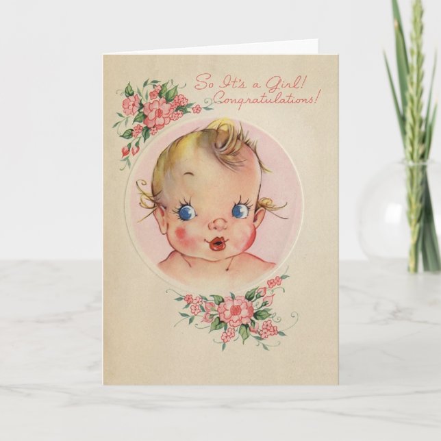 Vintage New Baby Girl Congratulations Card (Front)